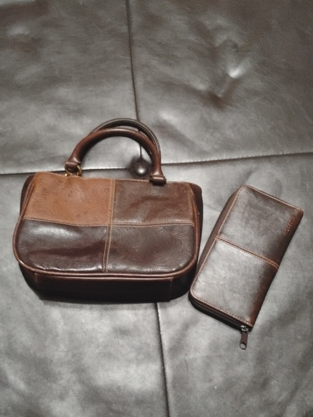 Brown Patchwork Leather Handbag and Wallet Set